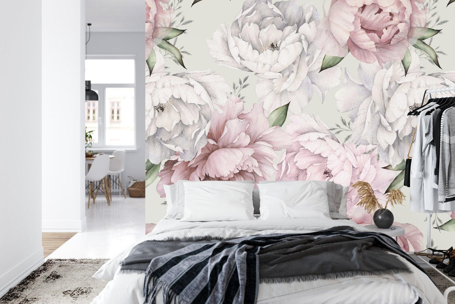 Home office with Pink Peony Floral Wallpaper creating a fresh workspace