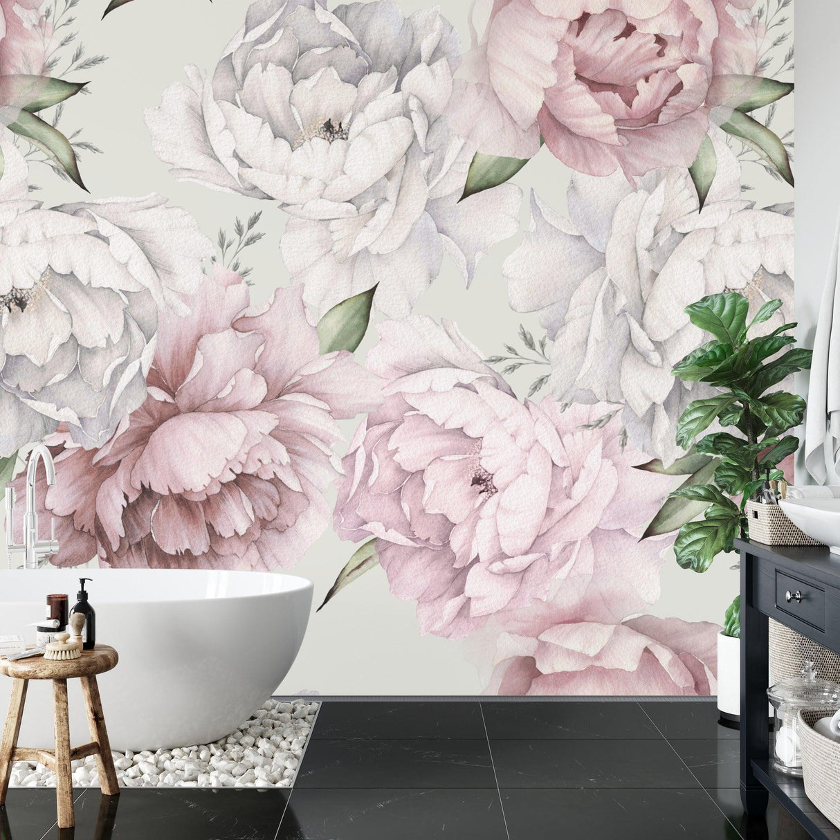 Dining room showcase of Soft Pink Peony Wall Mural in natural light