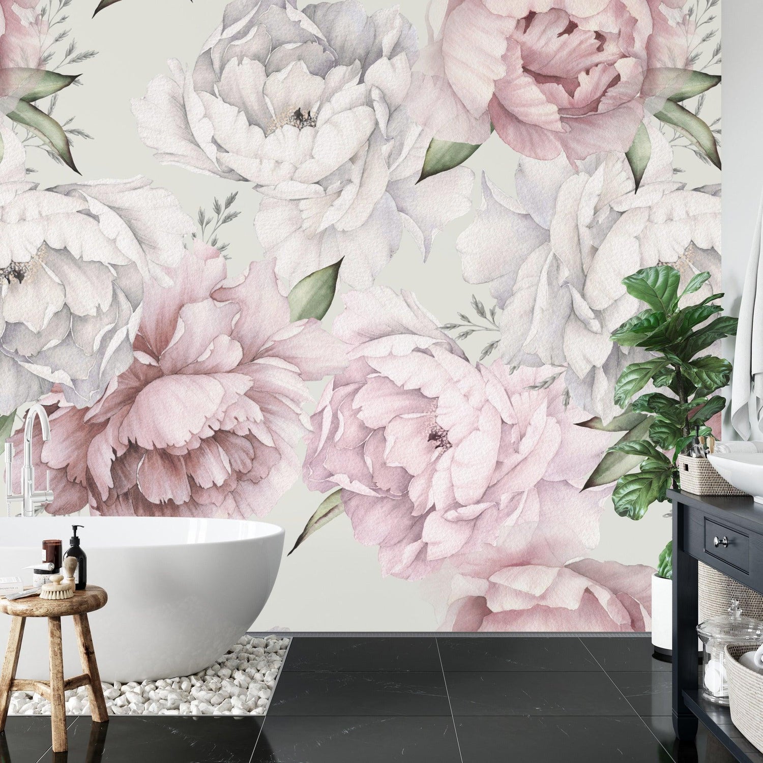 Dining room showcase of Soft Pink Peony Wall Mural in natural light
