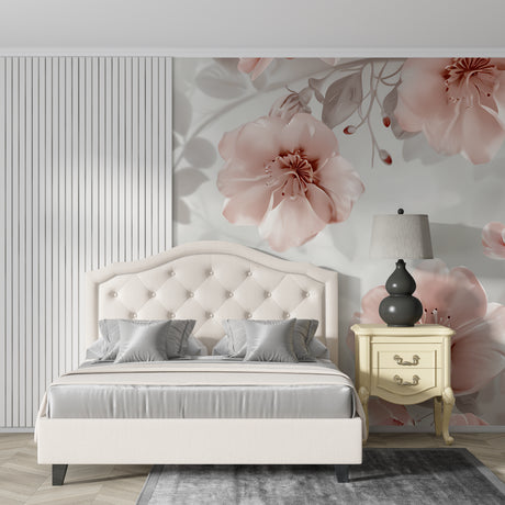 Pink floral wallpaper creating a peaceful atmosphere in a modern bedroom with natural light