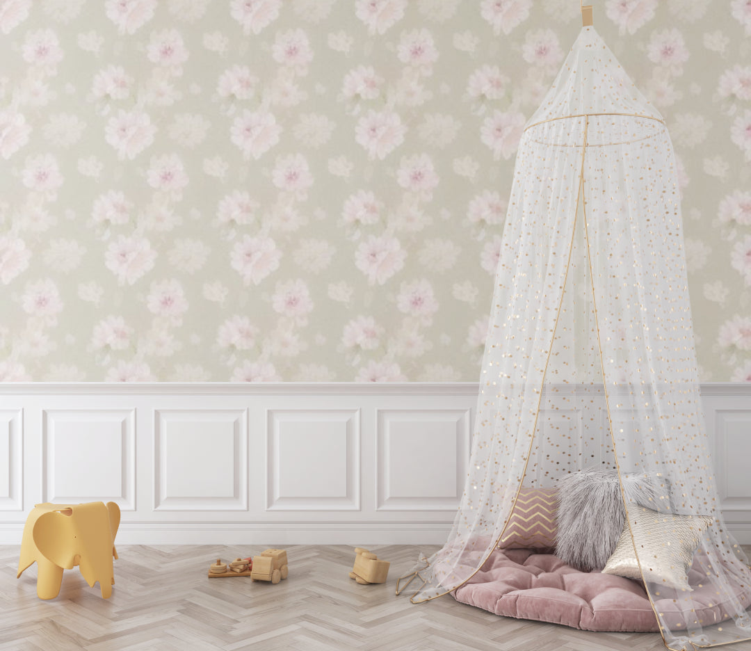 Pink Floral Wallpaper creating a dreamy atmosphere in a modern nursery with white furniture