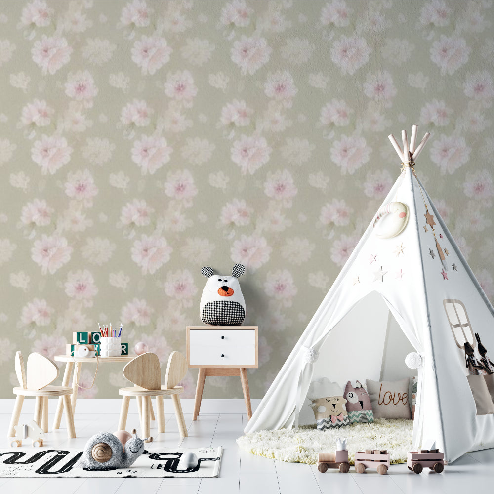 Soft Pink Blossom Wallpaper brightening a girl's bedroom with natural light