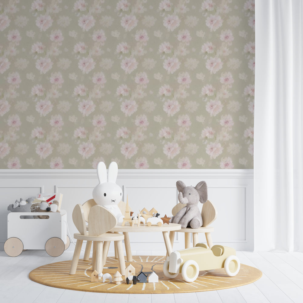 Floral Nursery Wallpaper adding charm to a reading nook with rocking chair