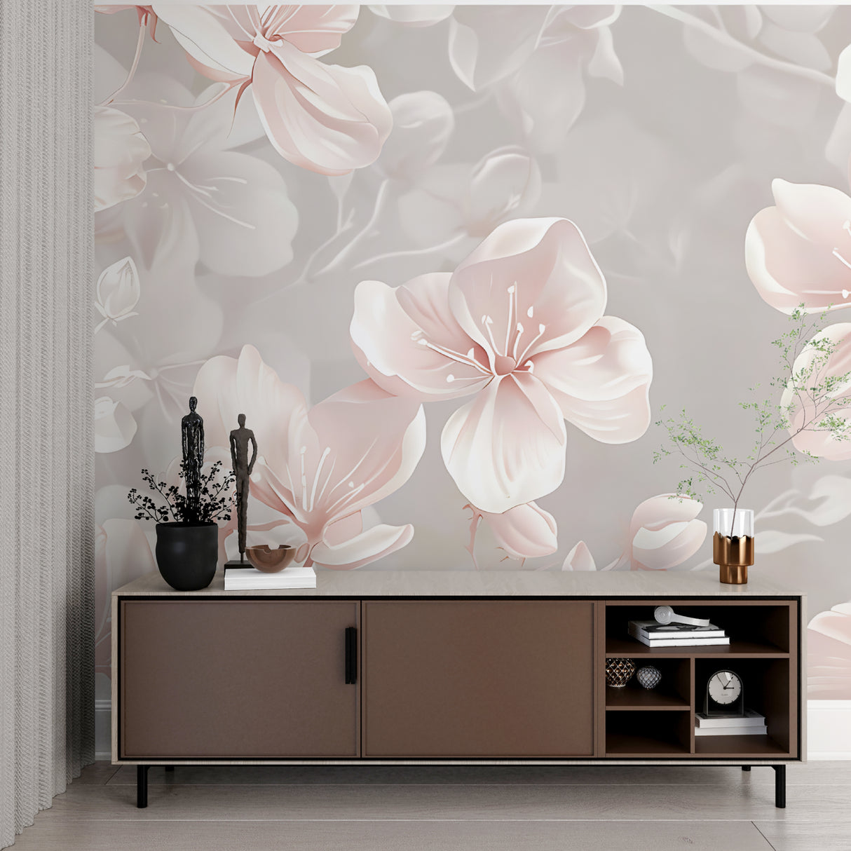 Pink floral wallpaper mural in master bedroom creating soft morning light effect