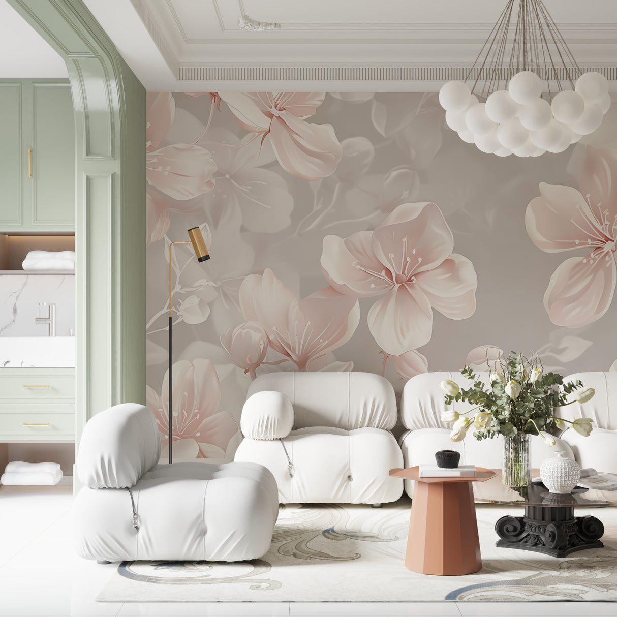 Cherry blossom wall mural in dining room showcasing geometric pattern detail