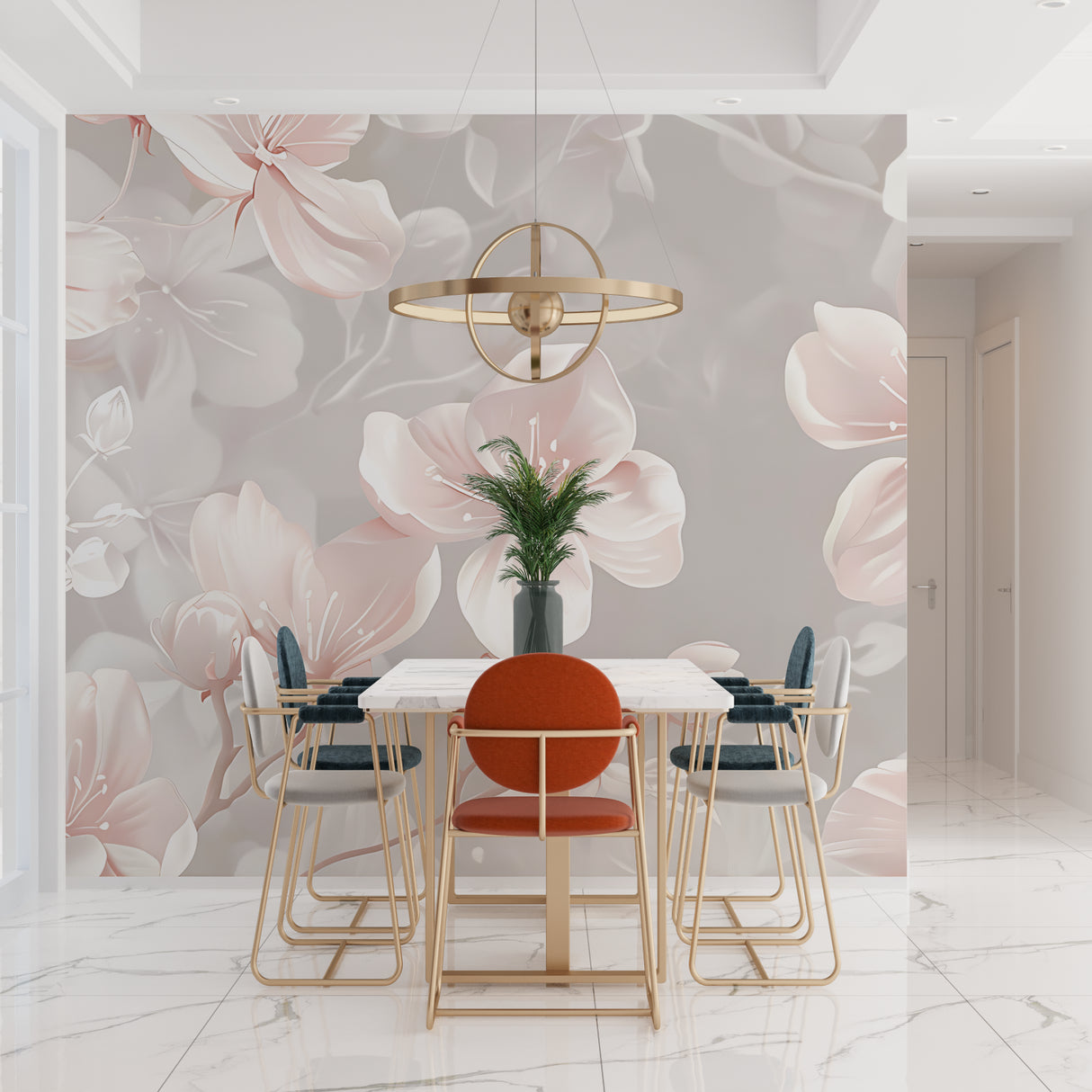 Modern home office with pink cherry blossom wallpaper creating calm workspace