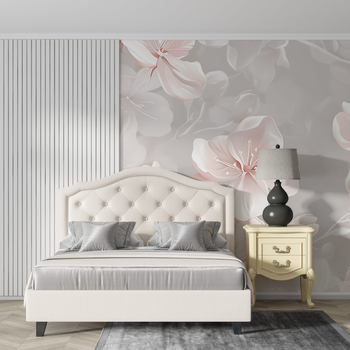 Zen meditation room featuring soft pink floral wall mural with wave patterns