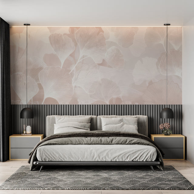Pink Ginkgo leaves wallpaper in modern Scandinavian bedroom creating a peaceful atmosphere
