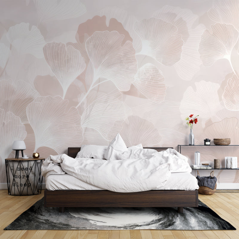 Pink Ginkgo leaf pattern wallpaper in home office with natural lighting
