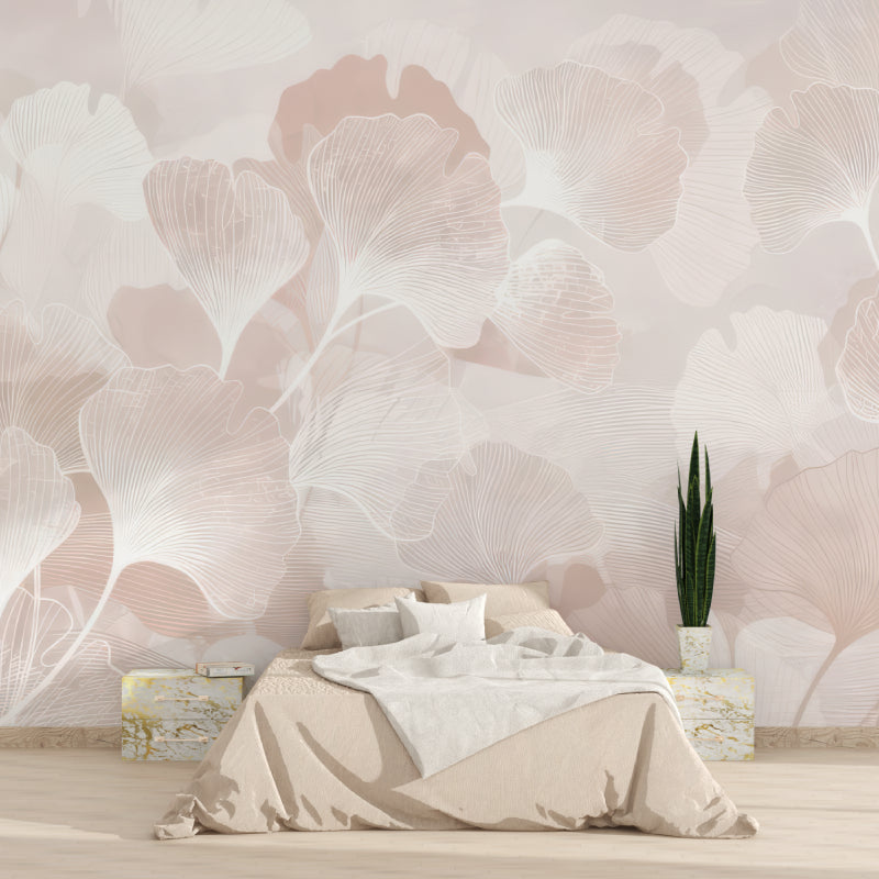 Floral wallpaper featuring soft pink Ginkgo leaves in dining room