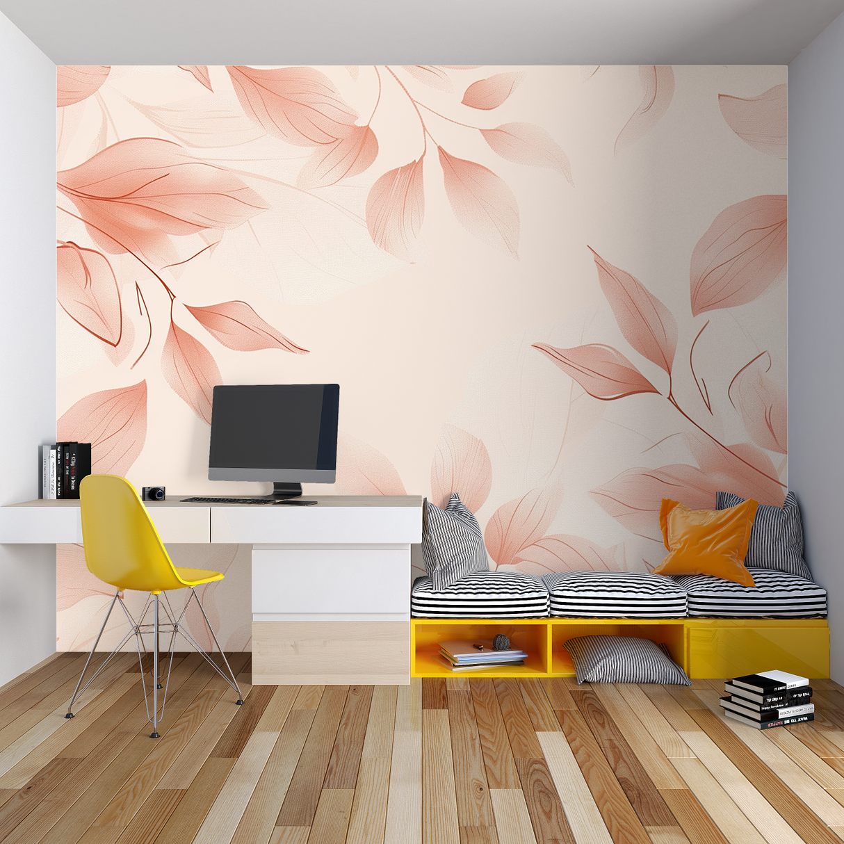 Soft pink leaf pattern wallpaper creating a peaceful atmosphere in a master bedroom