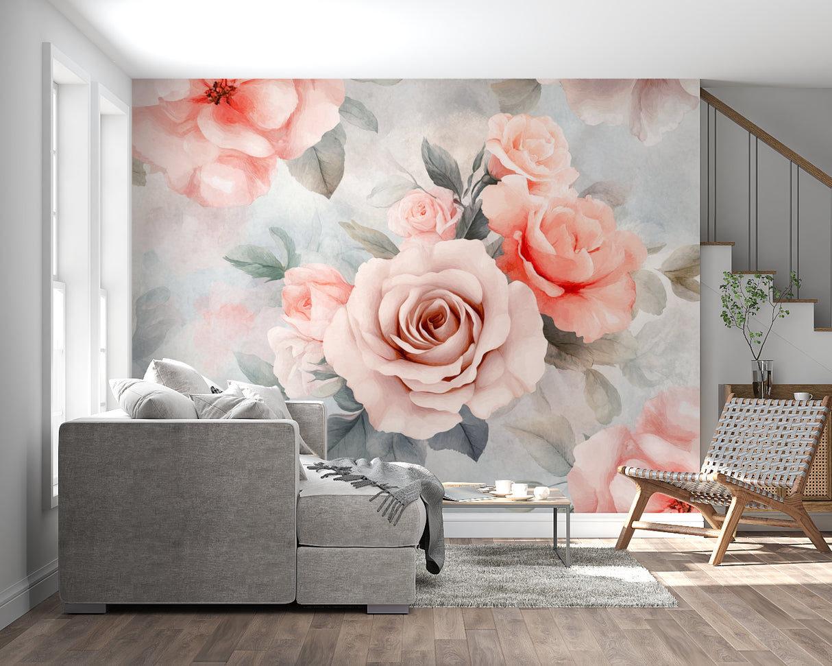 Pink rose wallpaper mural creating a fresh garden feel in a bright modern bedroom with white furniture