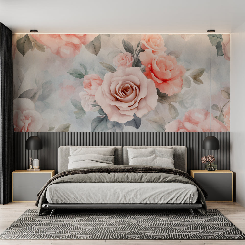 Watercolor floral wallpaper bringing soft pink tones to a cozy living room setting
