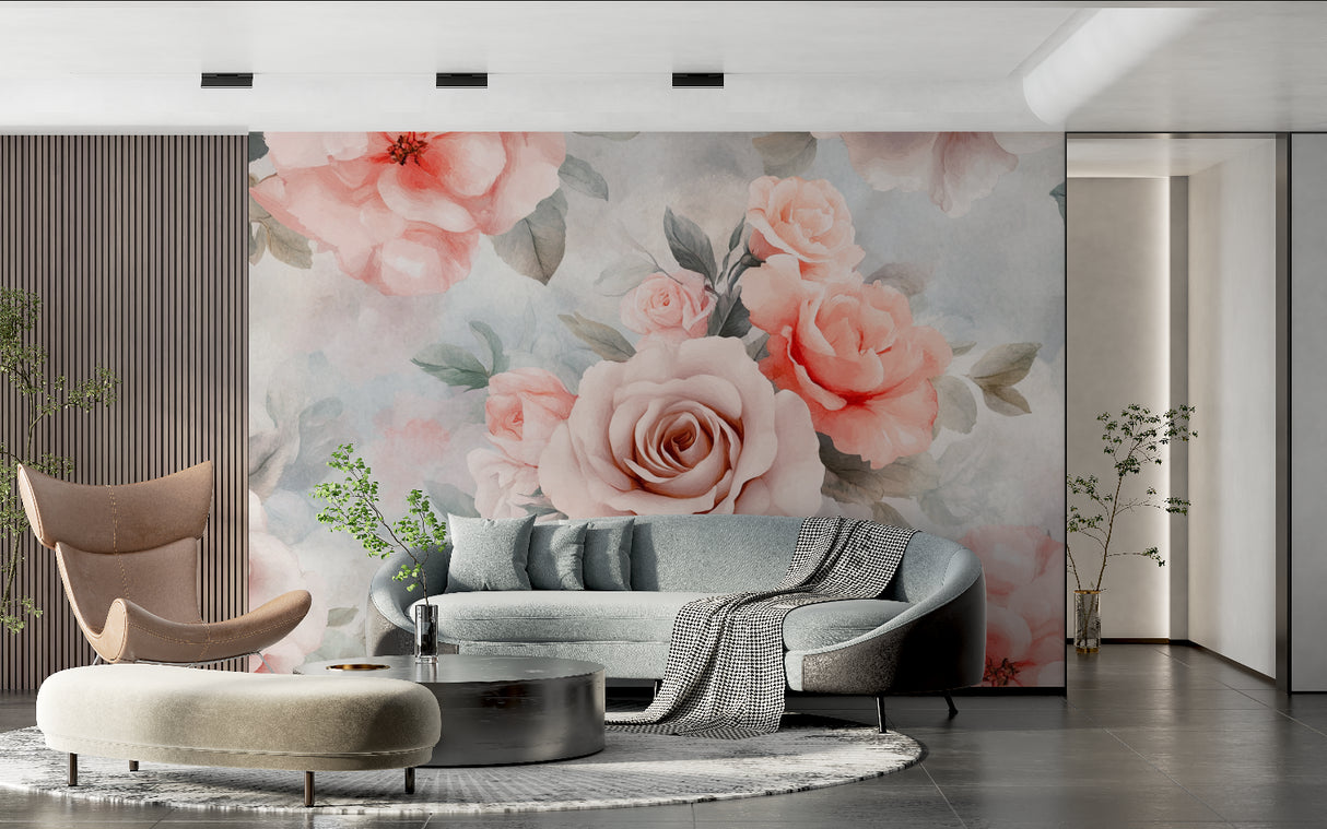 Botanical wall mural with pink roses adding elegance to a dining room space