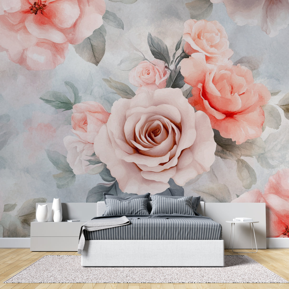 Pink rose wall mural creating a peaceful atmosphere in a home office setting