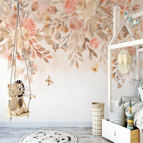 Pink rose and butterfly wallpaper creating a soft, enchanting atmosphere in a bright master bedroom