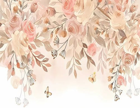 Design file of pink roses and golden butterflies pattern on light background