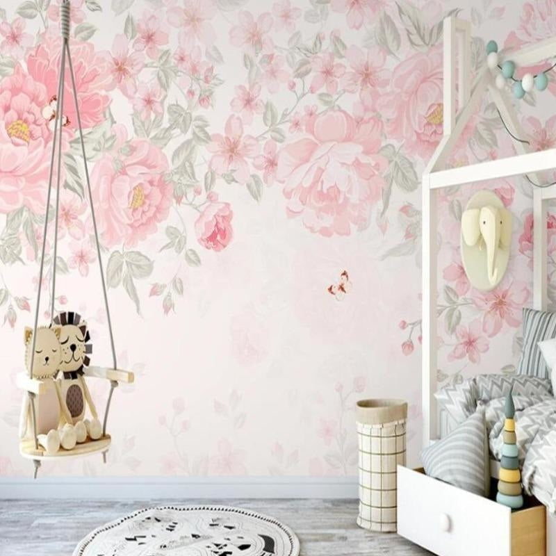 Pink rose and butterfly wallpaper mural showcased in a bright, airy bedroom with natural light streaming through white curtains