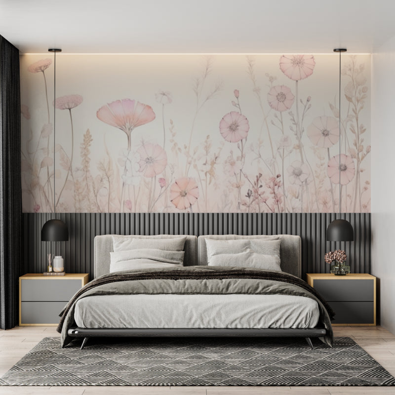 Pink Watercolor Poppy Mural in bright modern living room, showing soft floral pattern against white furniture
