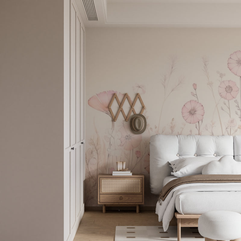 Watercolor Floral Wallpaper creating peaceful bedroom atmosphere with pink poppies