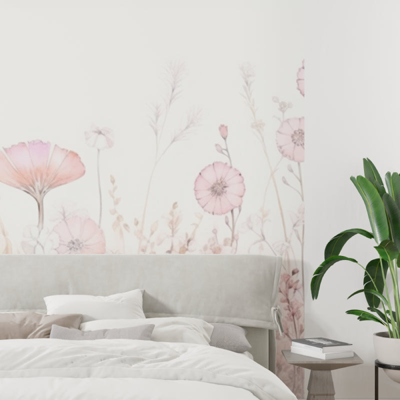 Pink Poppy Wall Mural in dining room setting highlighting gentle watercolor effect