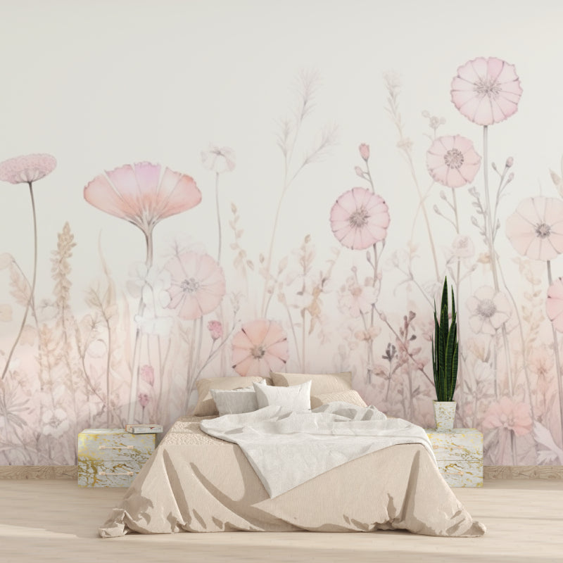 Soft Pink Poppies Wallpaper featured in nursery room creating gentle ambiance