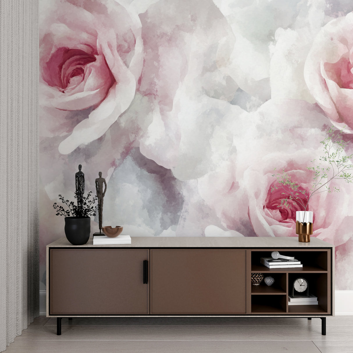 Pink watercolor rose wallpaper in bright modern bedroom creating a soft, romantic atmosphere