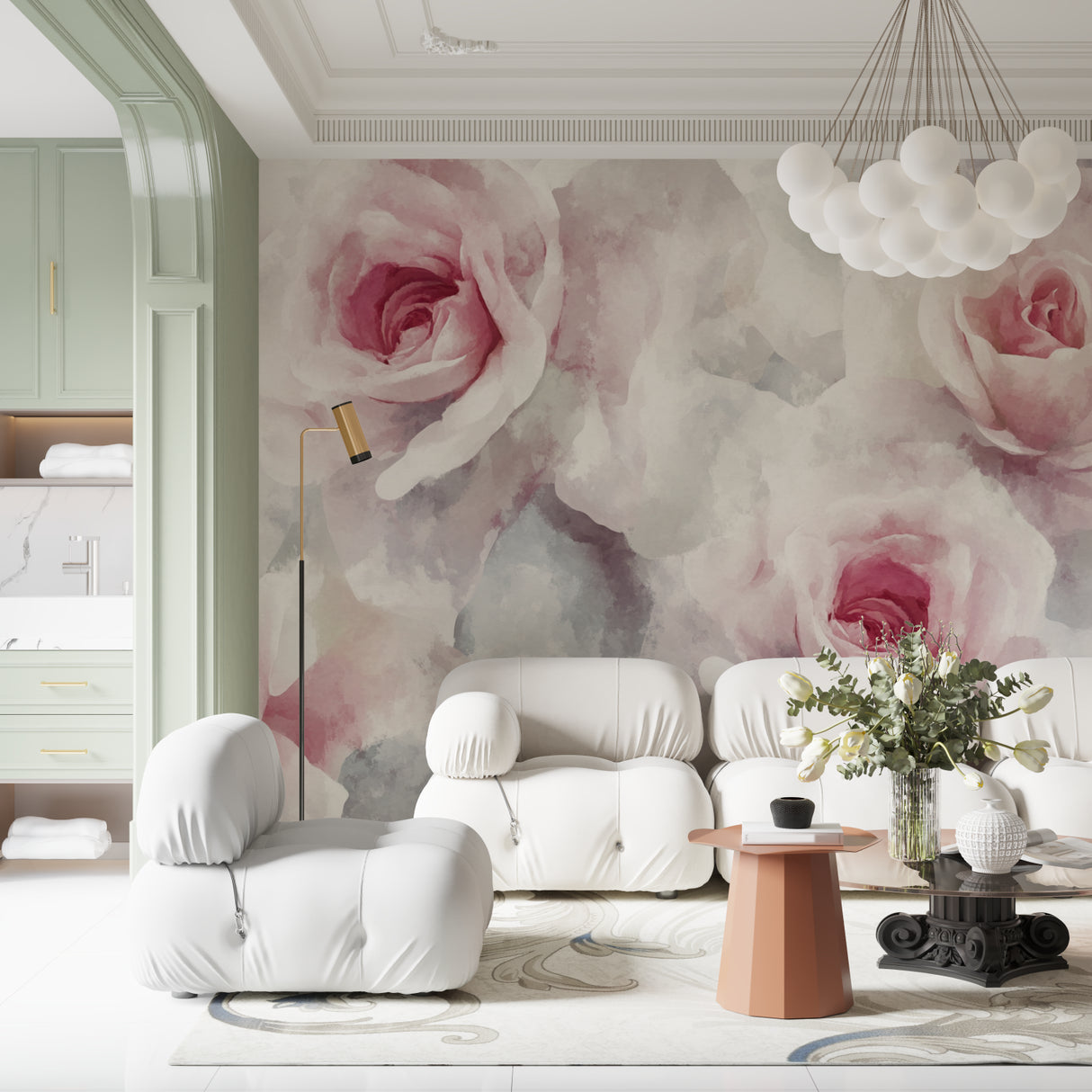 Elegant dining room featuring pink rose wallpaper mural with gentle watercolor effect