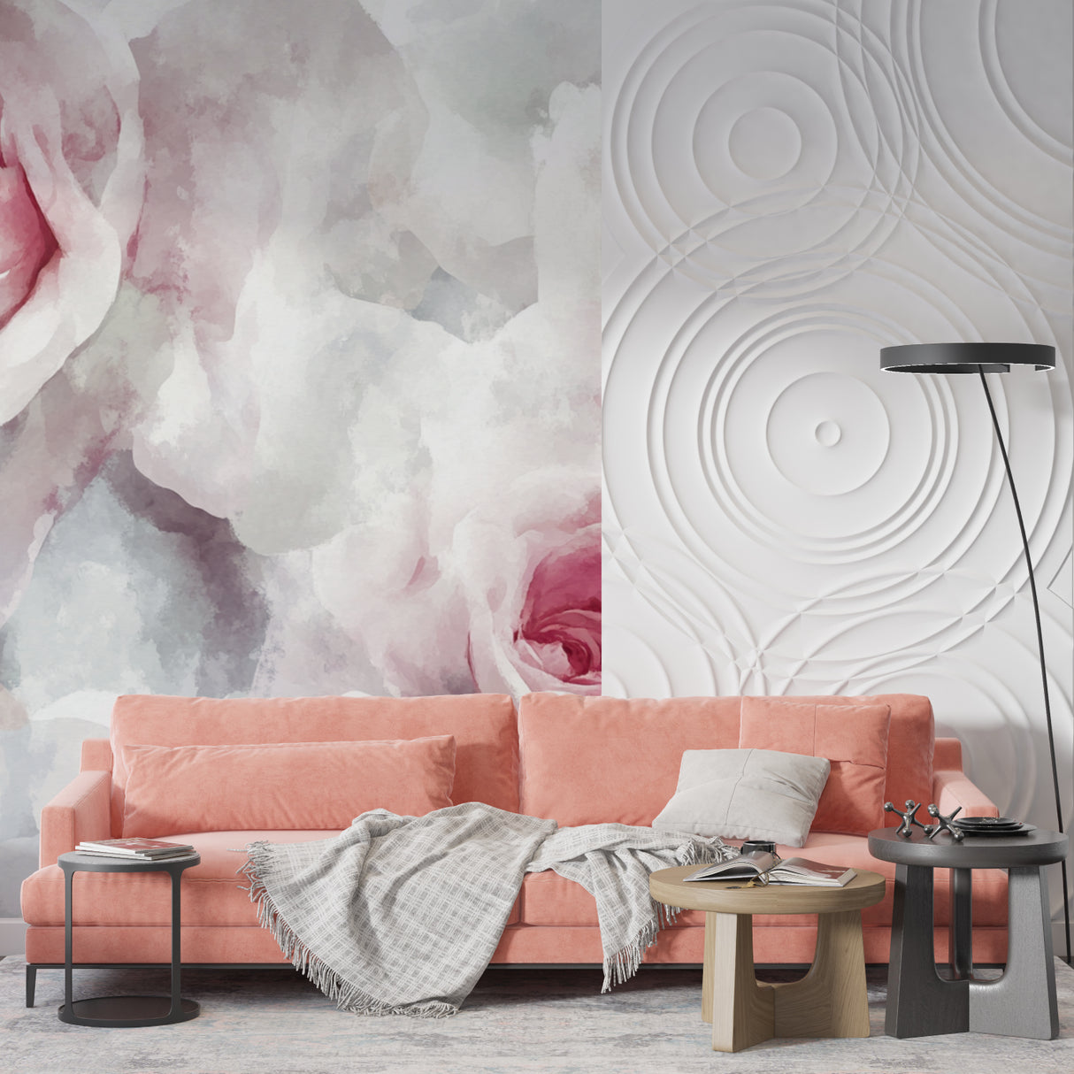 Nursery decorated with soft pink watercolor rose wallpaper creating dreamy atmosphere