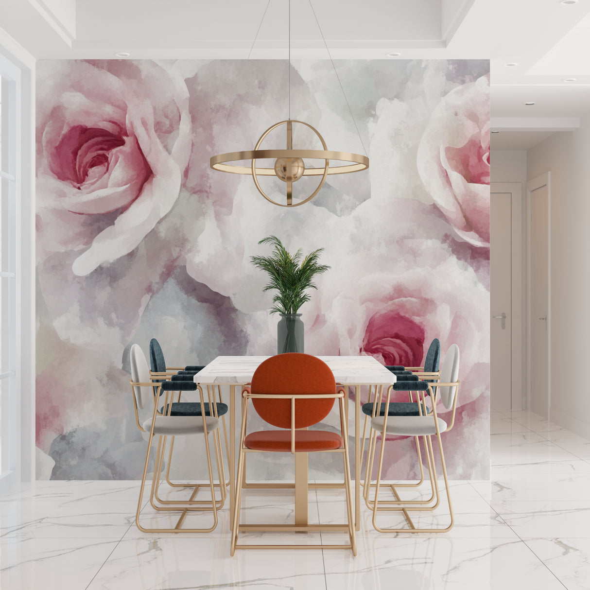 Living room accent wall with pink rose mural wallpaper adding elegant touch