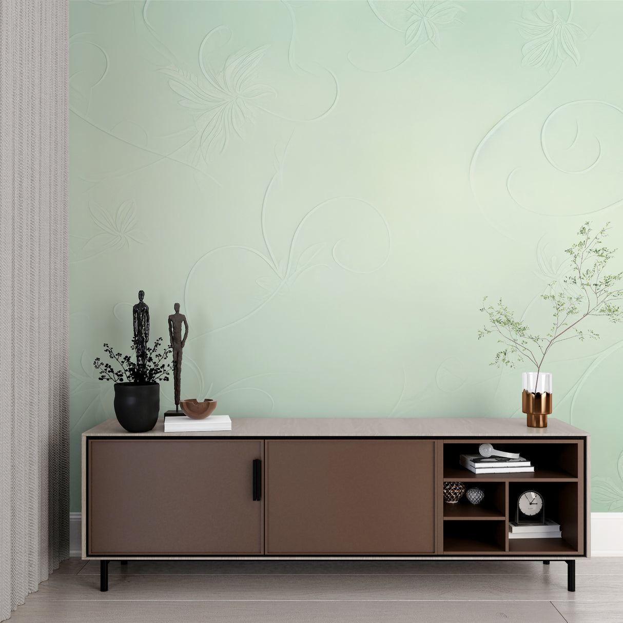 Mint green floral wallpaper in a bright modern living room setting with natural light