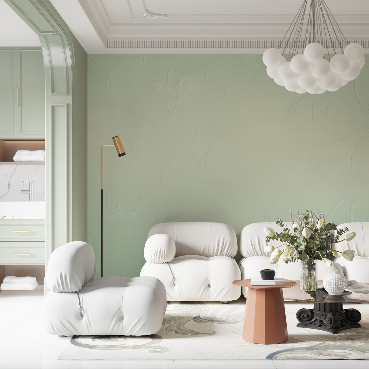 Botanical mint green wall mural creating a fresh atmosphere in a bedroom