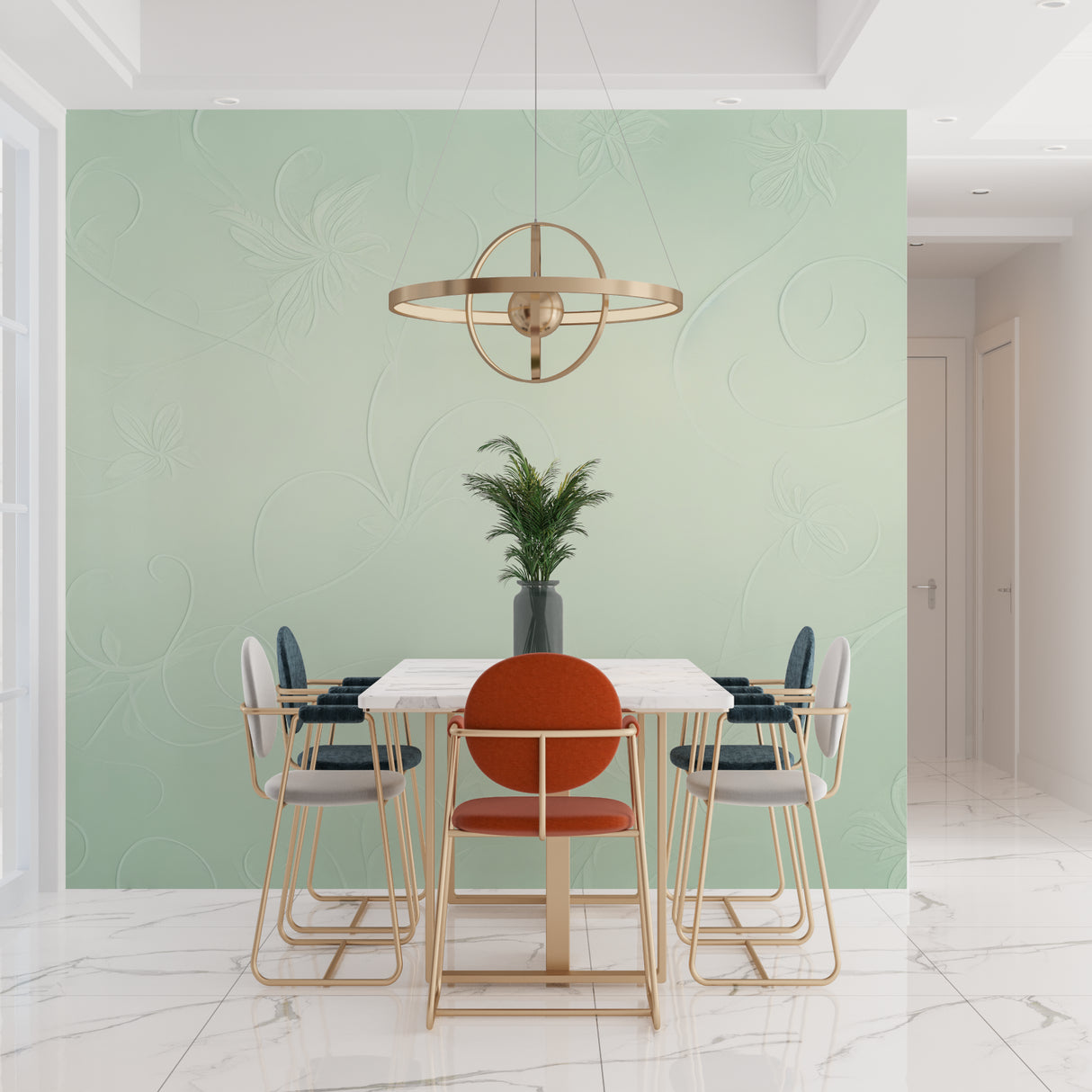 Green floral pattern wallpaper in a home office with minimal furniture