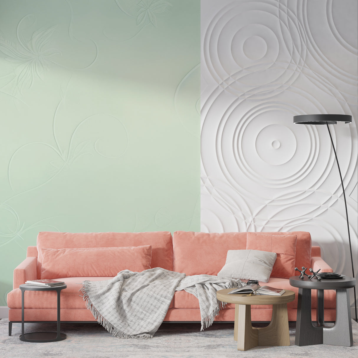 Mint floral wallpaper adding elegance to a dining room space