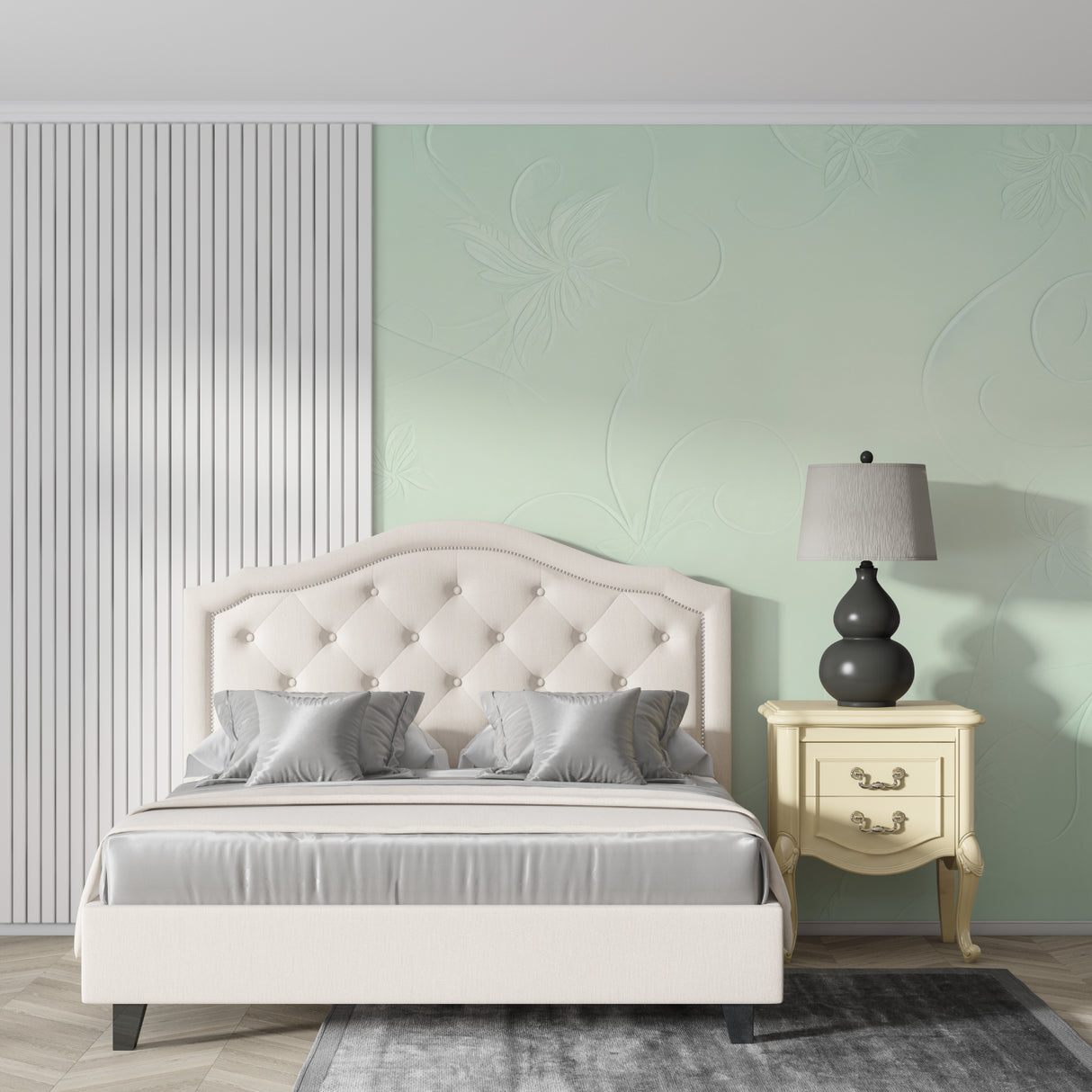 Subtle mint green pattern creating depth in an entryway