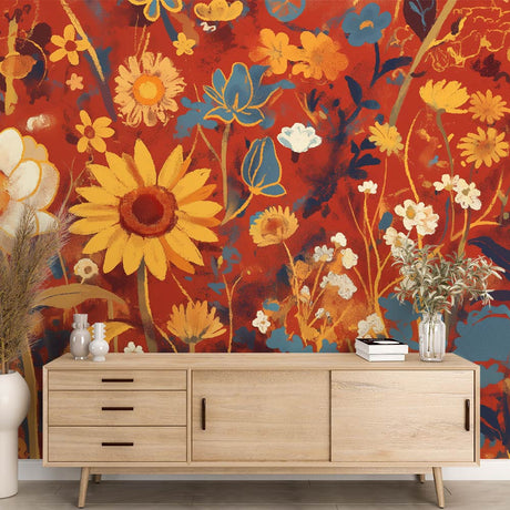 Sunflower wall mural bringing warmth to a bright modern living room with natural light and minimal furniture
