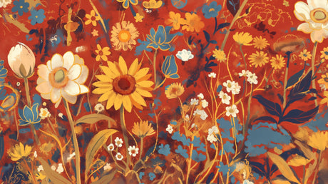 Floral wallpaper design file showing detailed sunflowers and wildflowers pattern on terracotta background