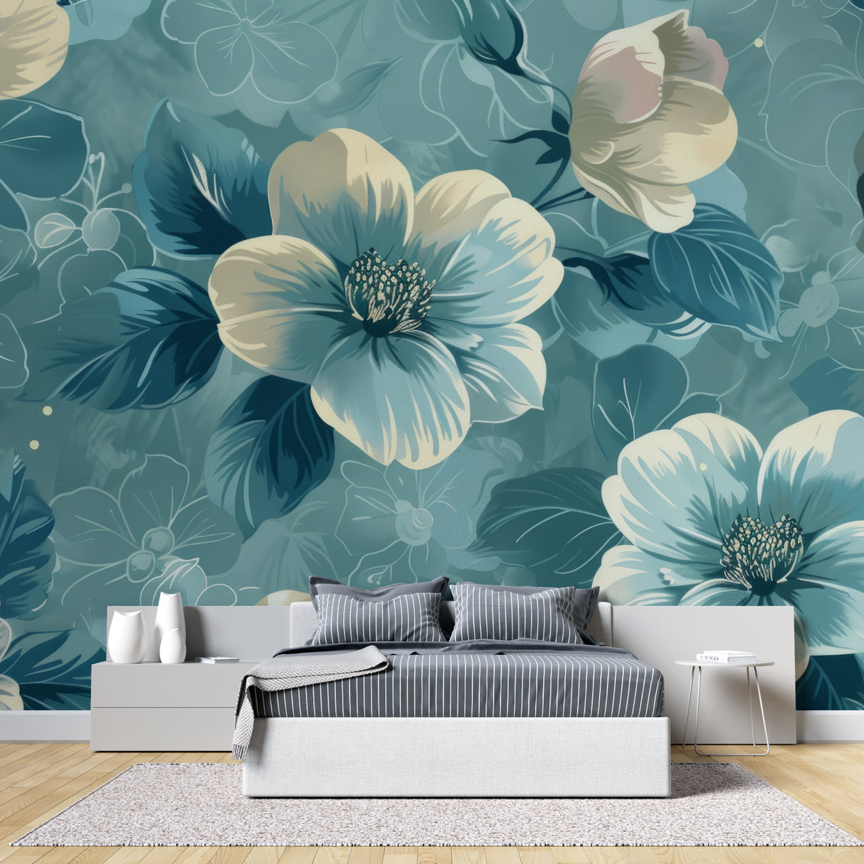 Floral mural wallpaper in teal and cream creating an elegant backdrop in a modern living room