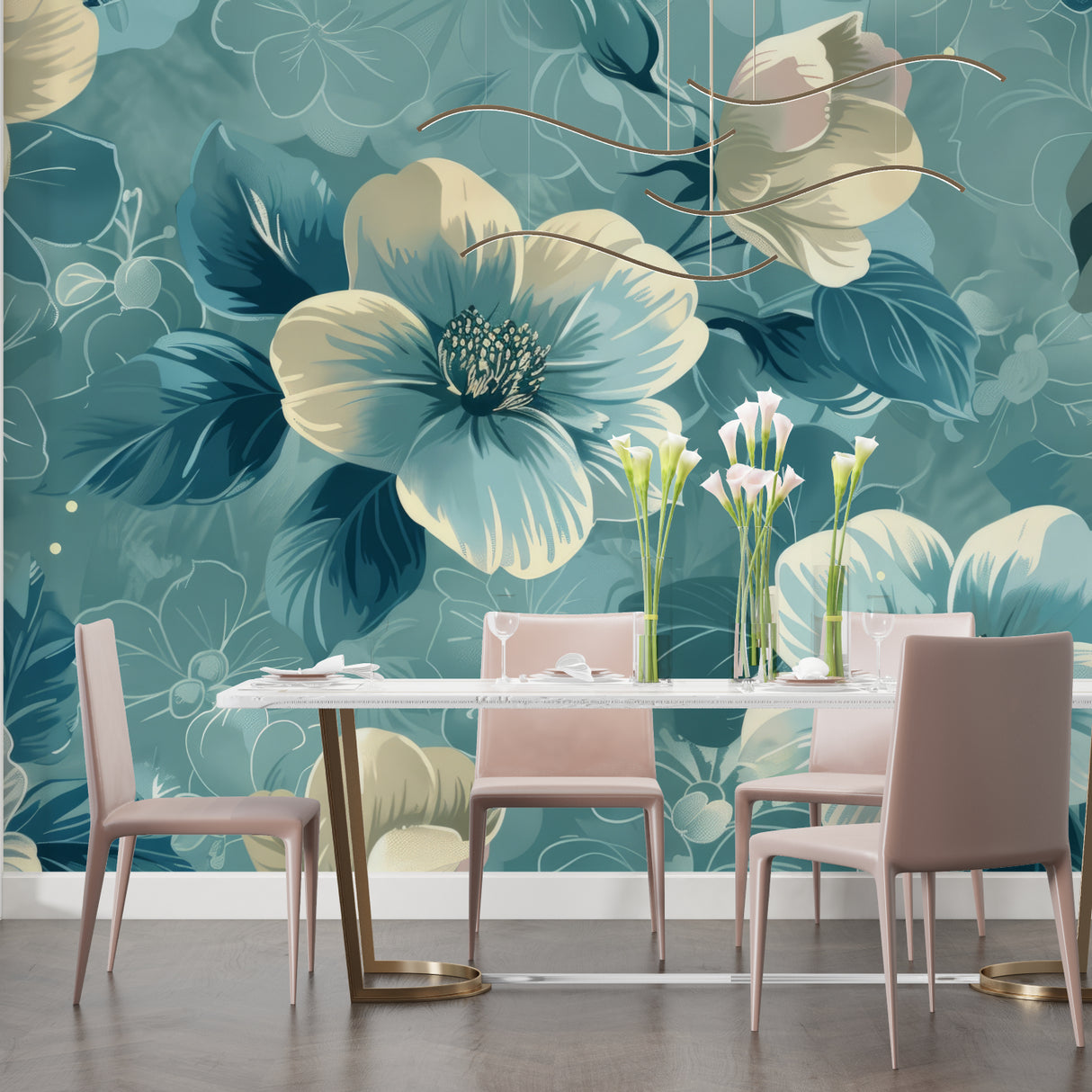 Teal floral wallpaper bringing sophistication to a dining room setting