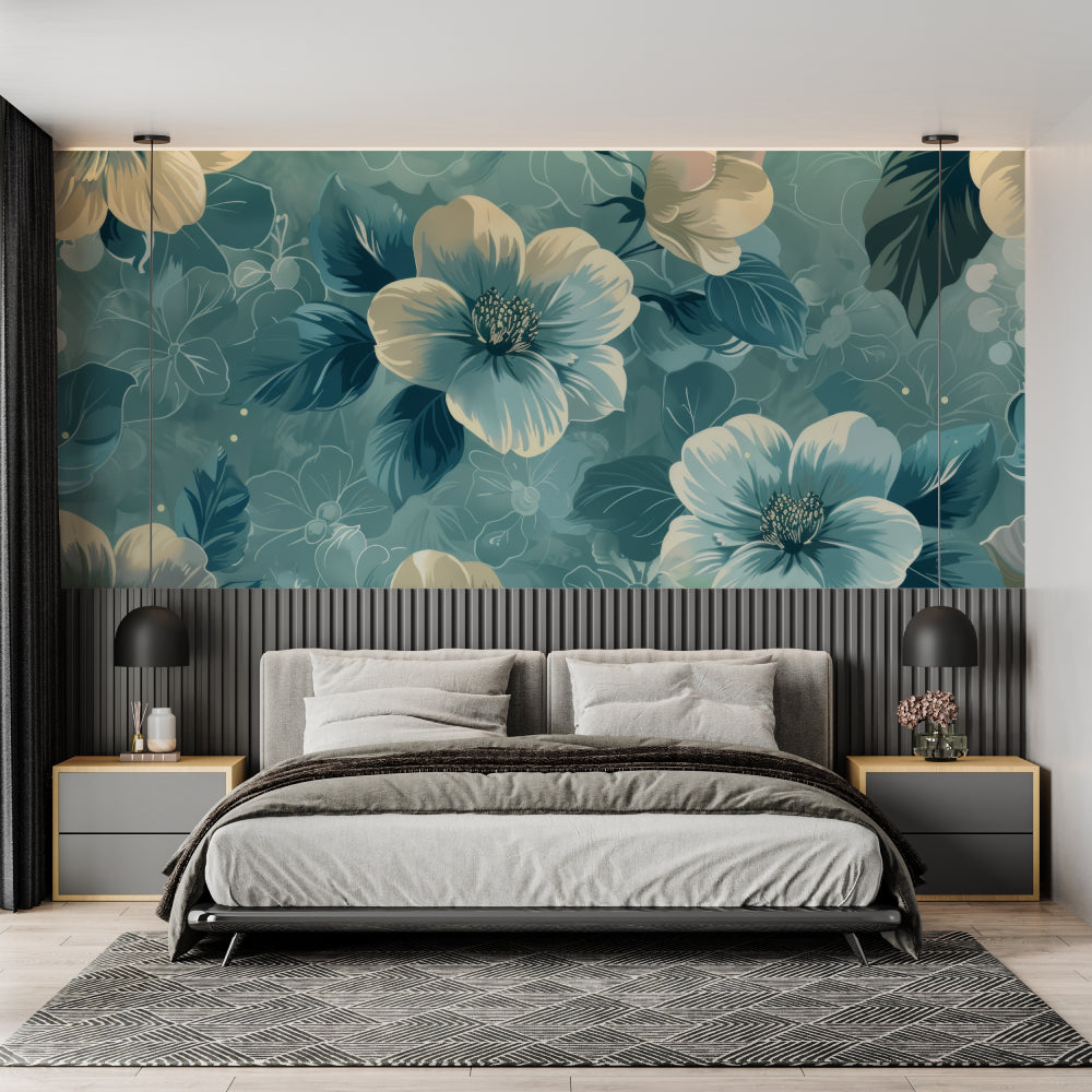 Large scale flower mural making a statement in a master bedroom