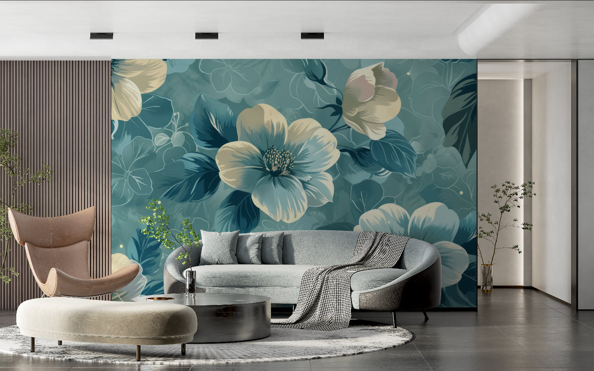 Botanical wall mural showcasing cream blooms in a home office space