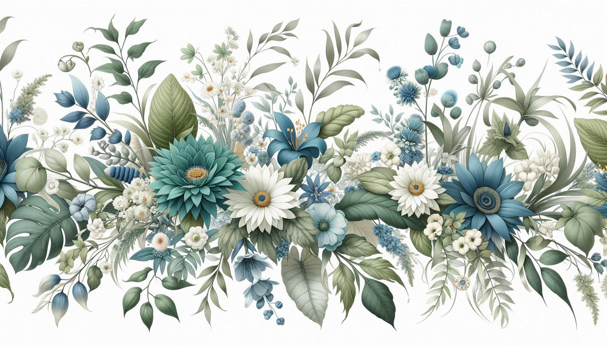 Floral wall mural in modern living room showing teal and white botanical pattern creating peaceful atmosphere