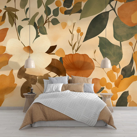 Terracotta floral wallpaper mural creating a cozy atmosphere in a bright living room with natural light