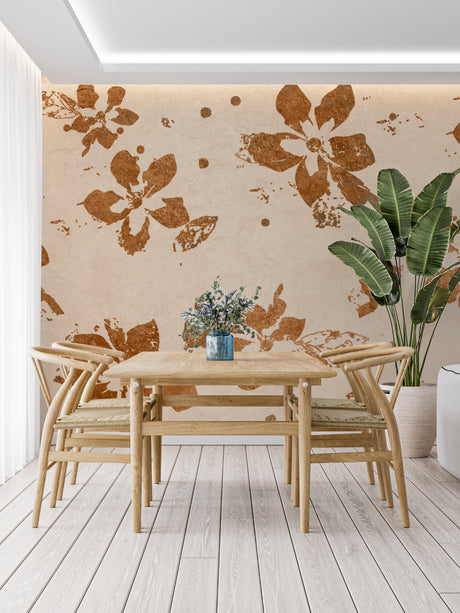 Terracotta floral wallpaper in modern living room showing warm, earthy tones against neutral furniture