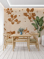 Terracotta floral wallpaper in modern living room showing warm, earthy tones against neutral furniture