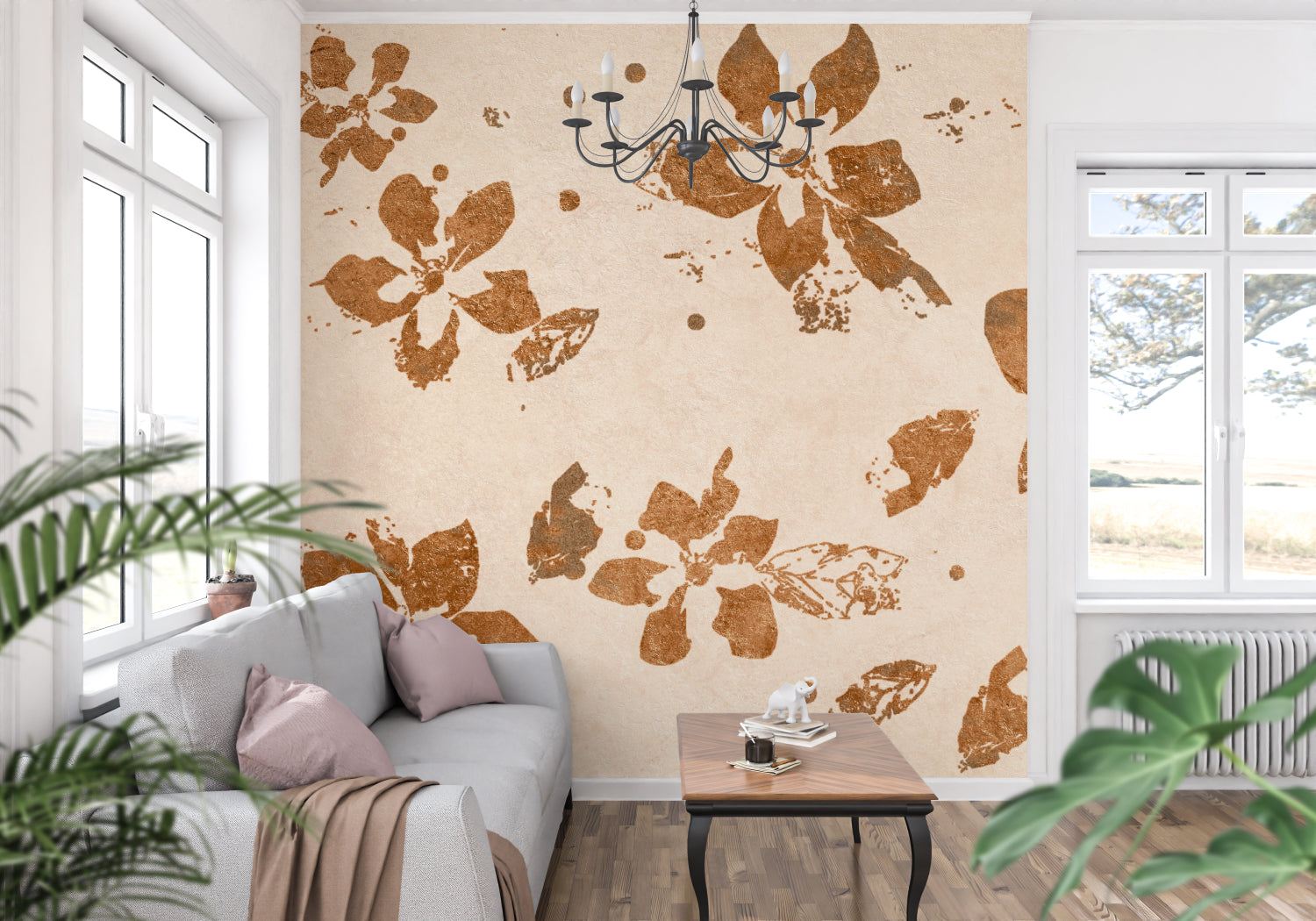 Brushed bloom pattern mural in dining room creating cozy atmosphere with soft lighting