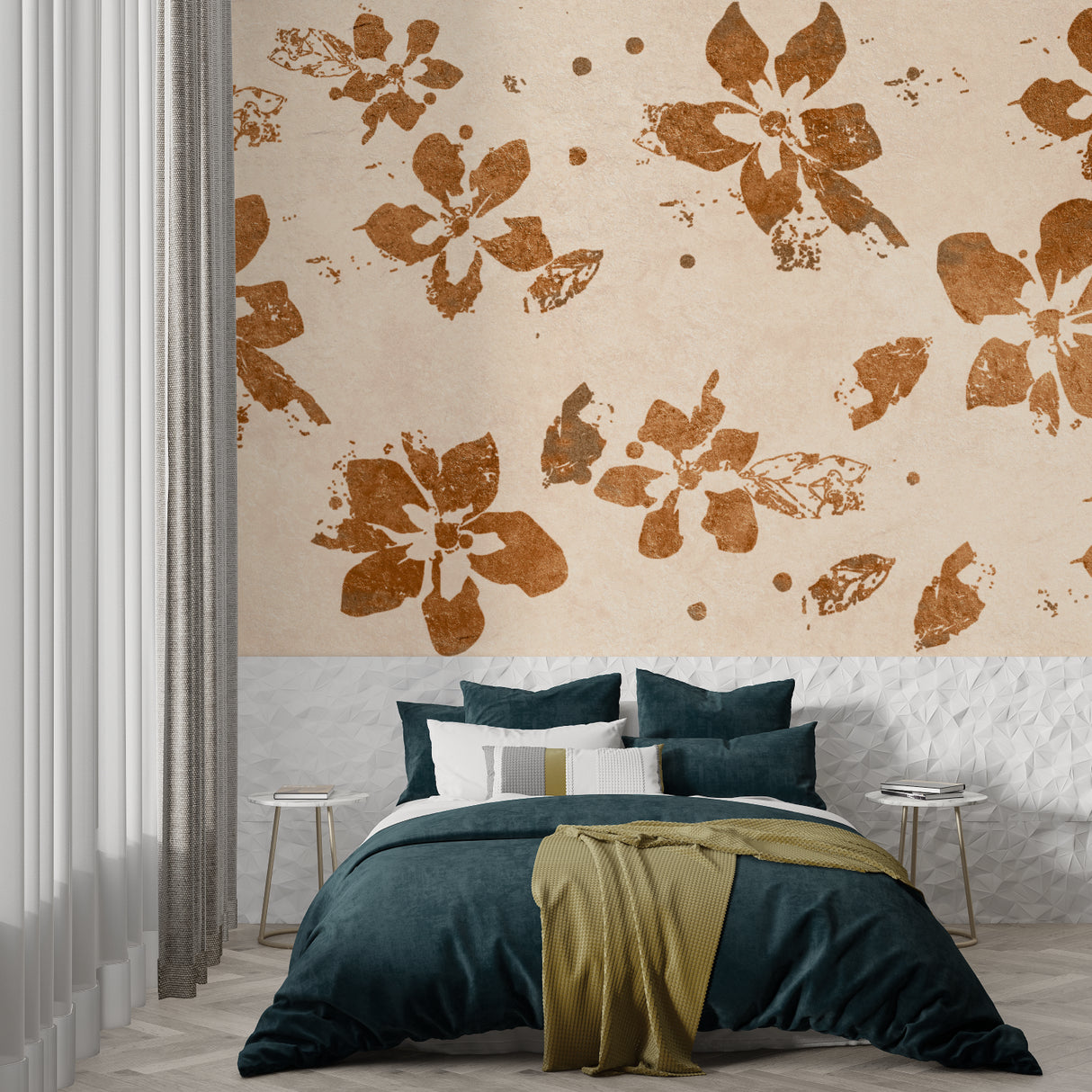 Terracotta flower wall mural in master bedroom showcasing brushstroke details