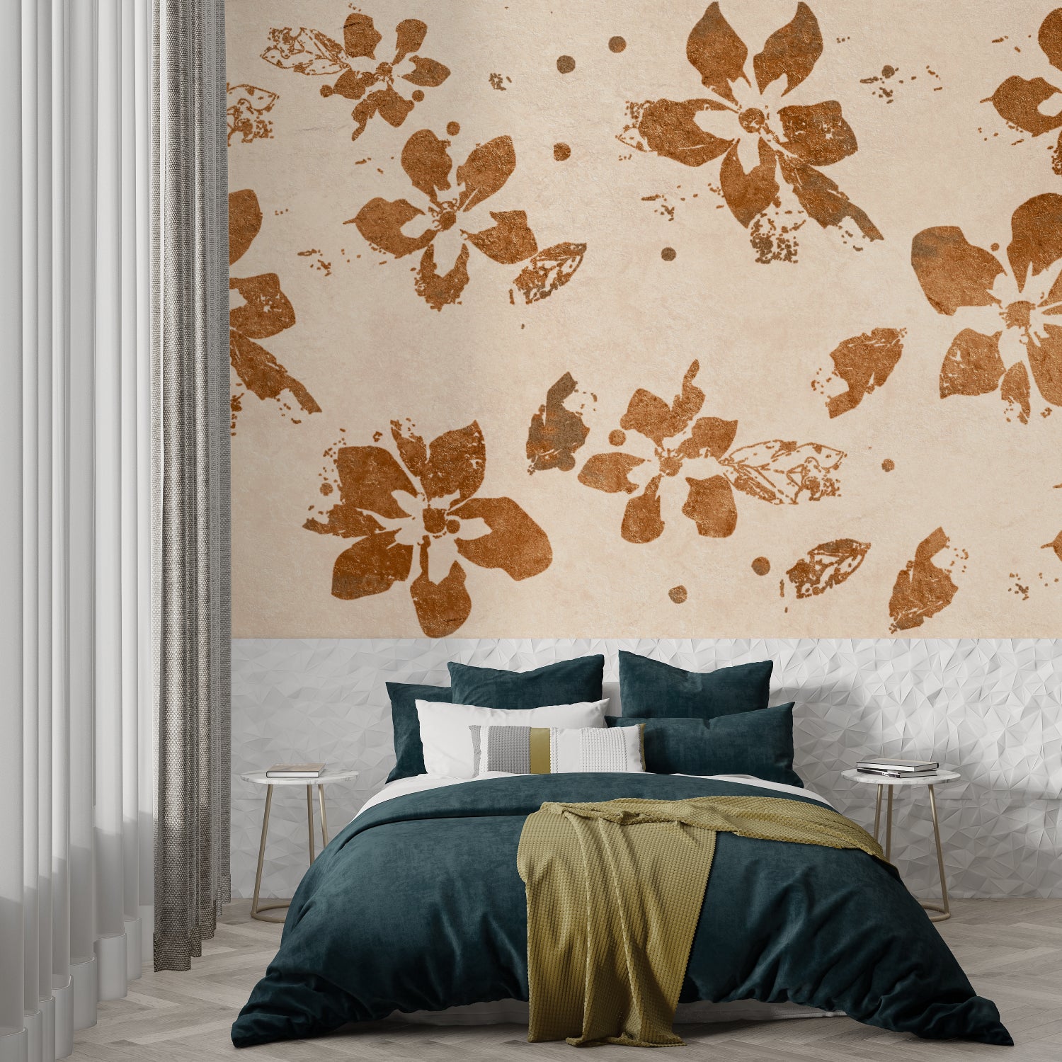 Terracotta flower wall mural in master bedroom showcasing brushstroke details