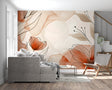 Modern floral line art wallpaper in a bright dining room, showing terracotta accents against white walls