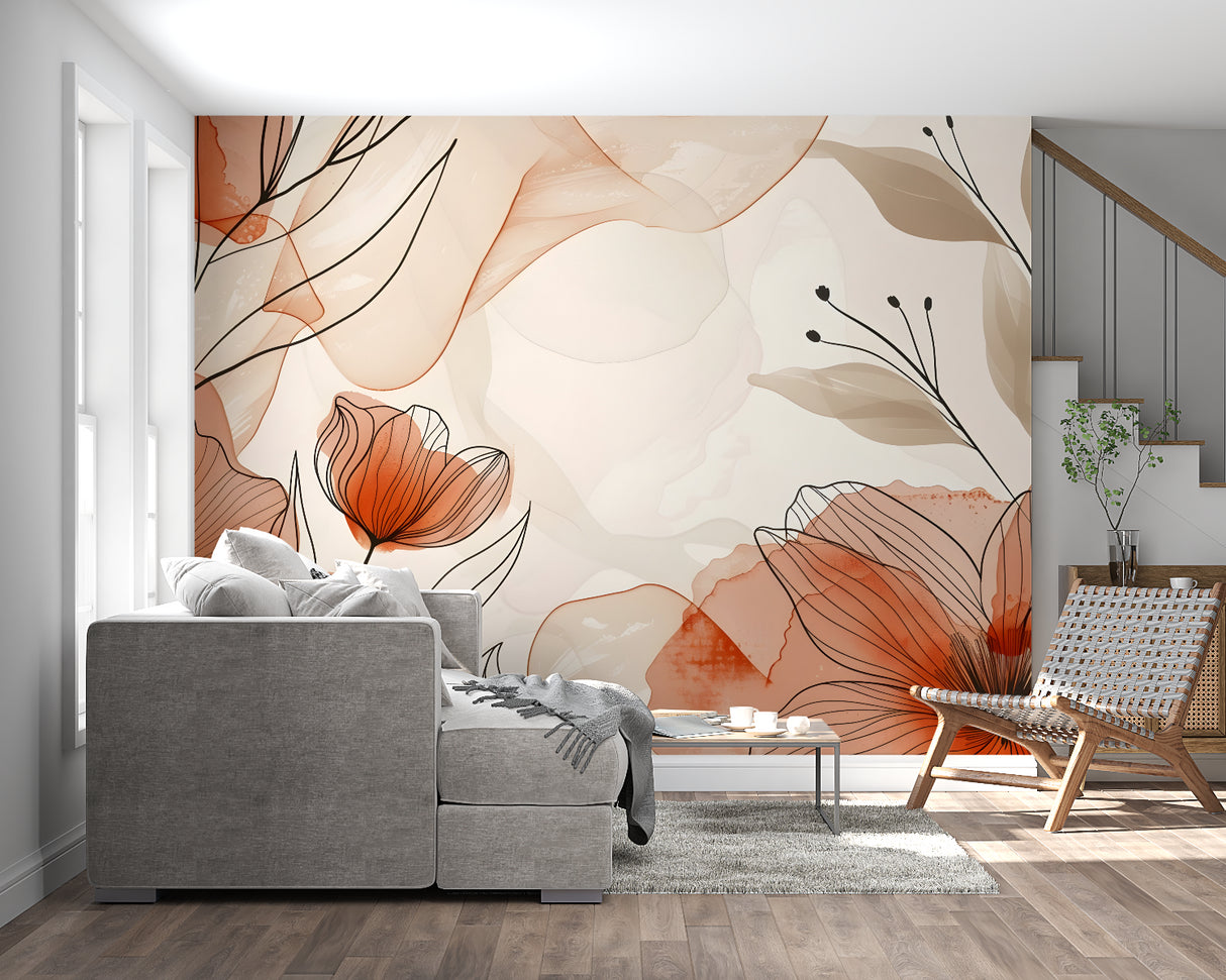 Modern floral line art wallpaper in a bright dining room, showing terracotta accents against white walls